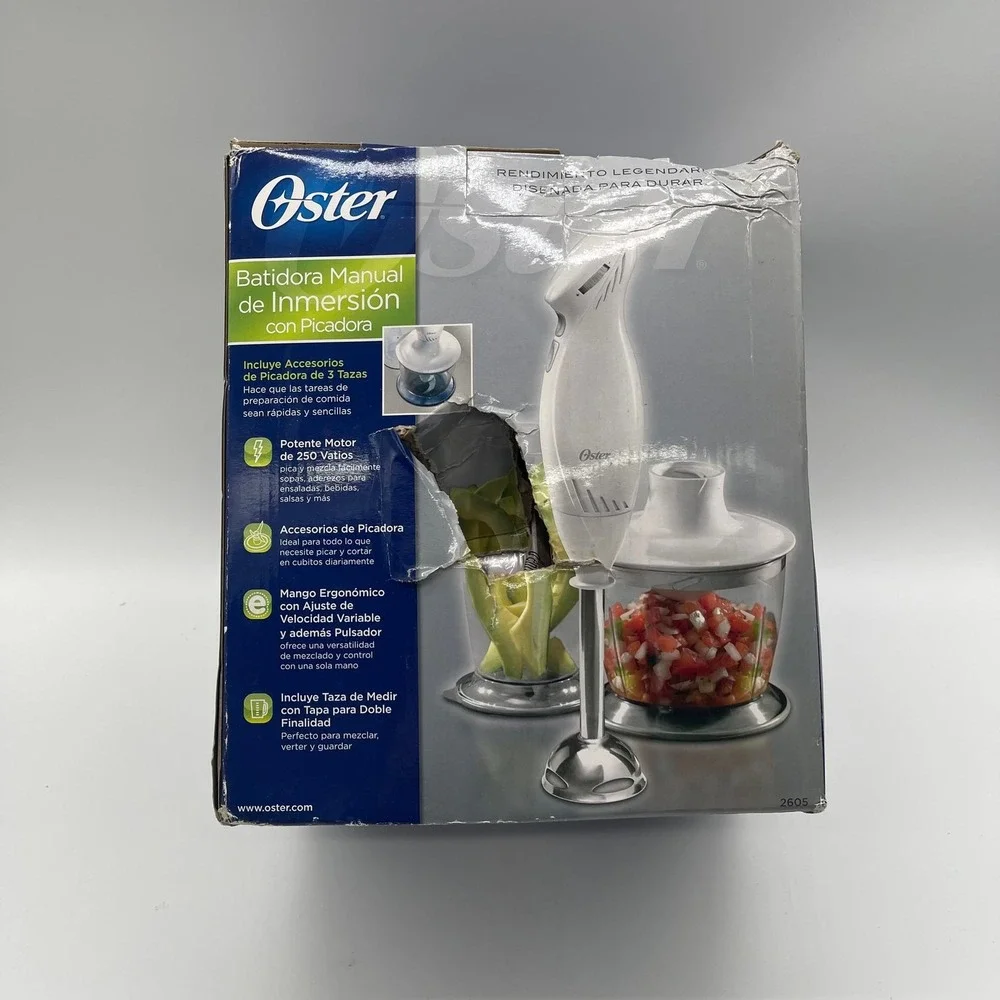 Oster 250W Immersion Hand Blender with 3-Cup Chopper and Measuring Cup - White